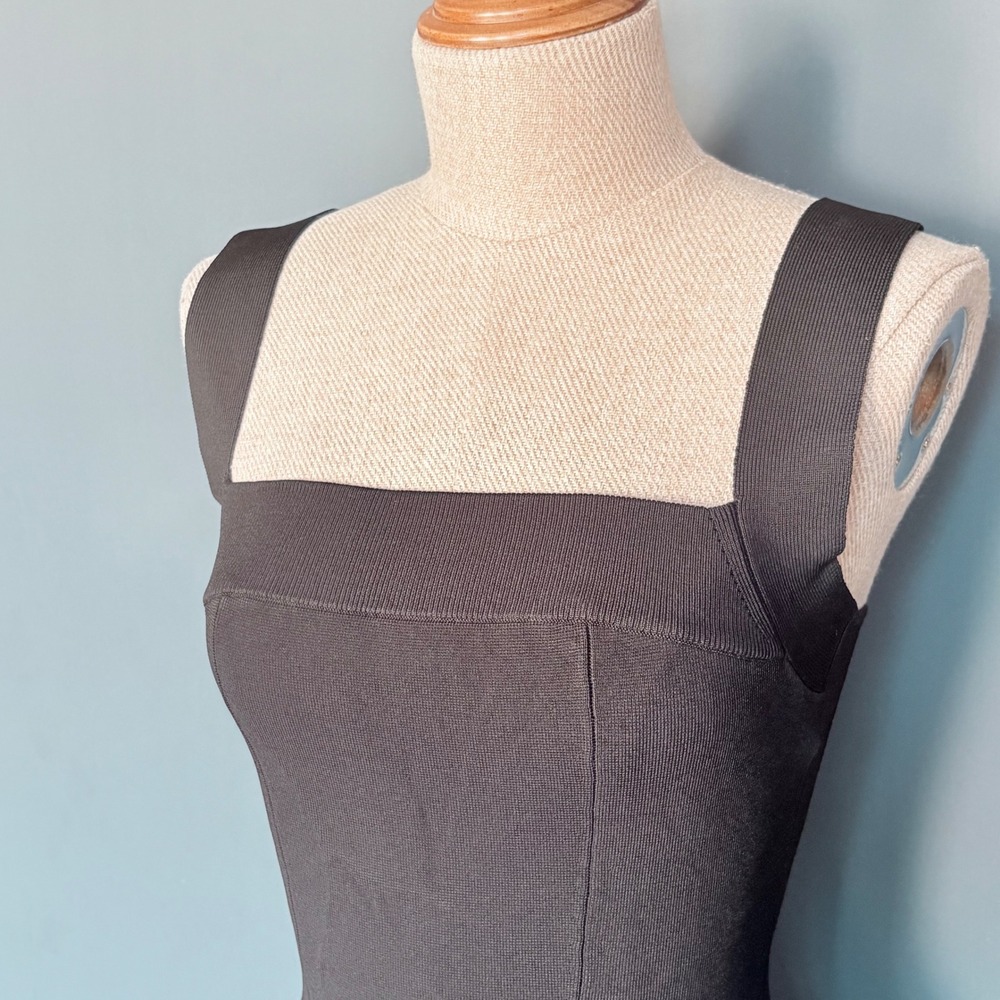 SIMKHAI Ribbed Knit Fit & Flare Dress | Sz S | Black Square Neck Bandage